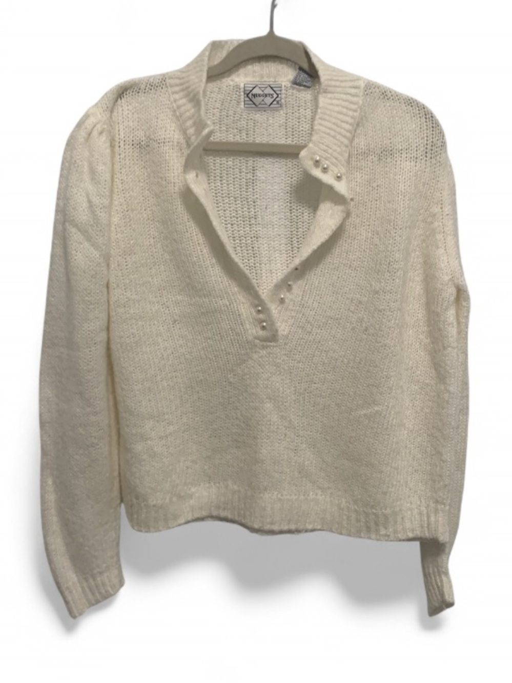 Vintage Nuggets White Knit Collared Sweater with Pearl Button Detail